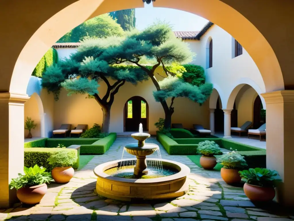 Un antiguo claustro con arcos de piedra y vegetación exuberante, iluminado por la suave luz del sol