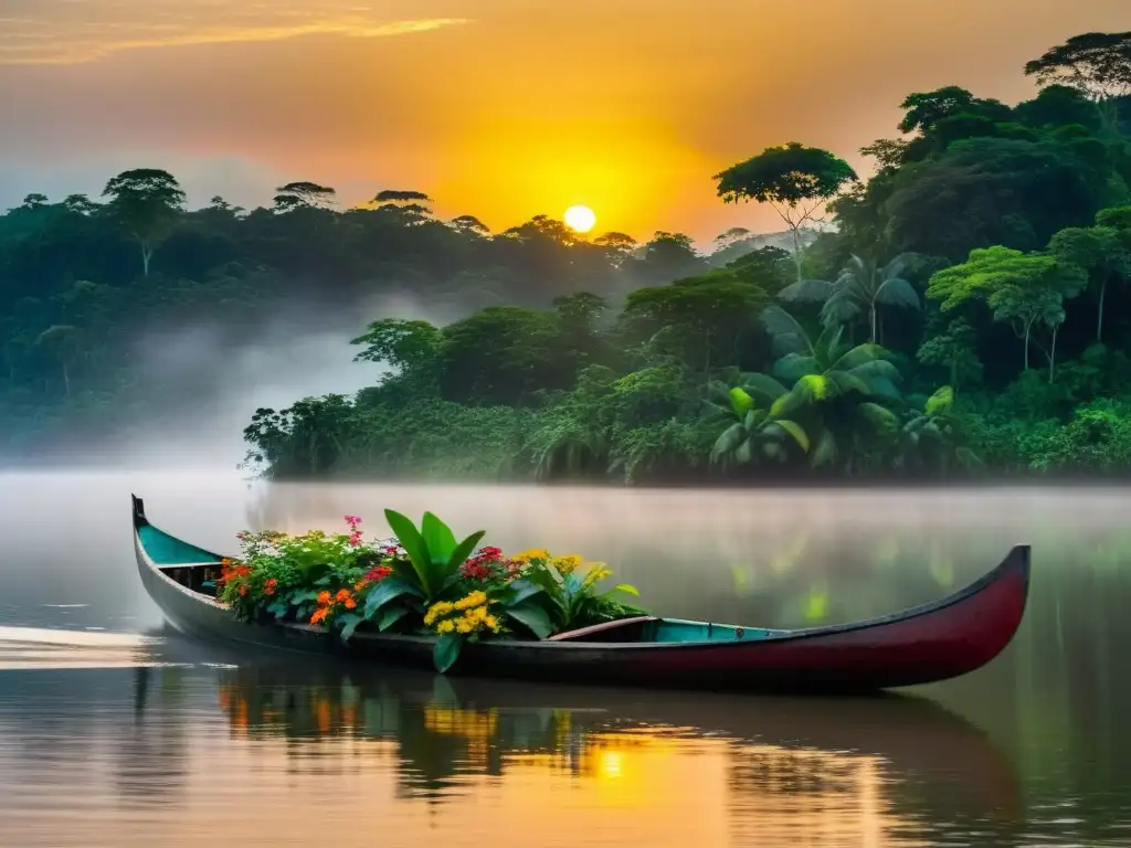 Un antiguo y desgastado bote de madera navega silenciosamente por las aguas del río Amazonas al atardecer