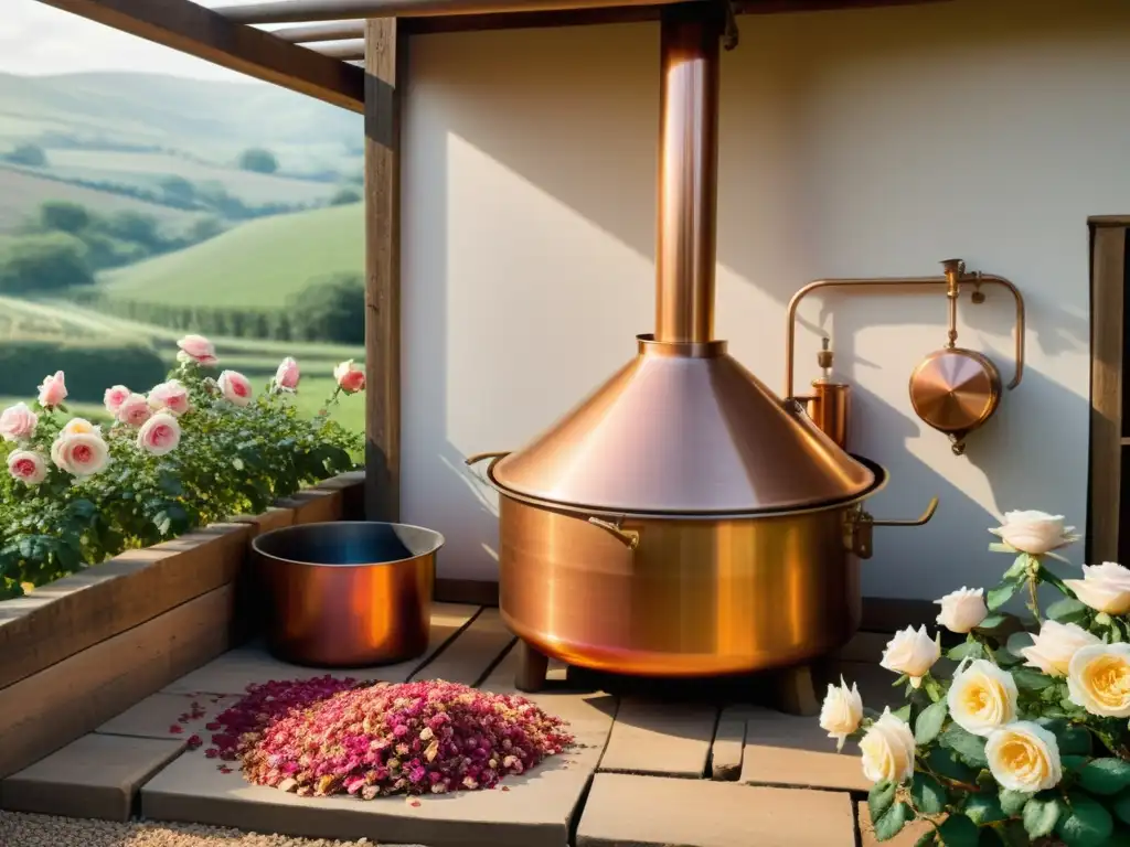 Un antiguo destilador de cobre procesa delicadamente pétalos de rosa para producir aceite esencial, en un entorno rural sereno