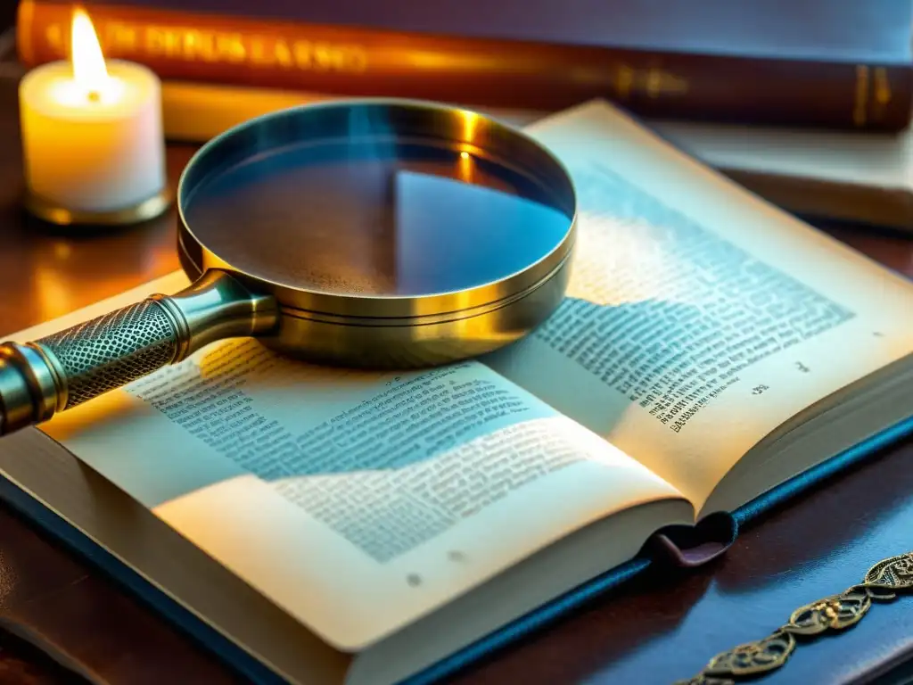 Un antiguo y detallado lente de aumento de latón descansa sobre un libro de cuero desgastado, iluminado por la cálida luz de una vela