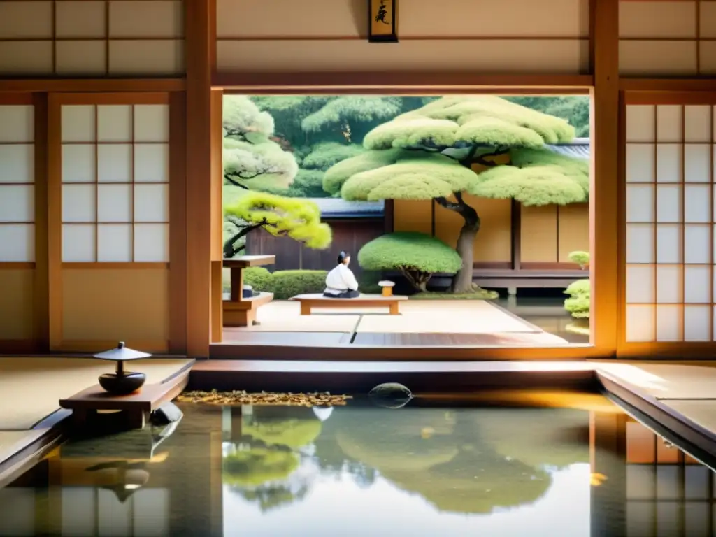 Un antiguo dojo japonés rodeado de naturaleza, con estudiantes practicando técnicas de Shiatsu bajo la guía de un sabio sensei