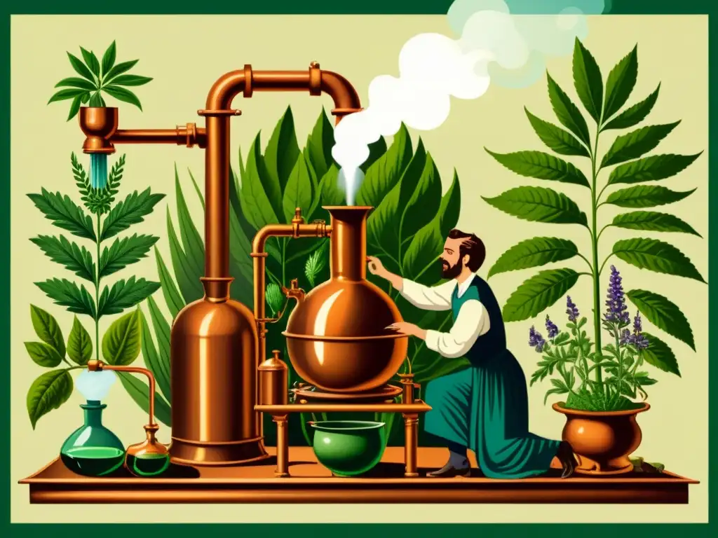 Antiguo alquimista destila esencias de plantas medicinales en la historia