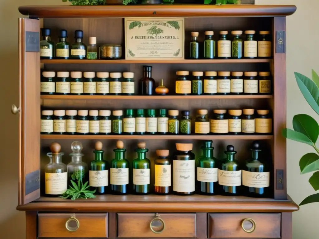 Antiguo gabinete de botica con plantas medicinales, medicamentos y etiquetas escritas a mano