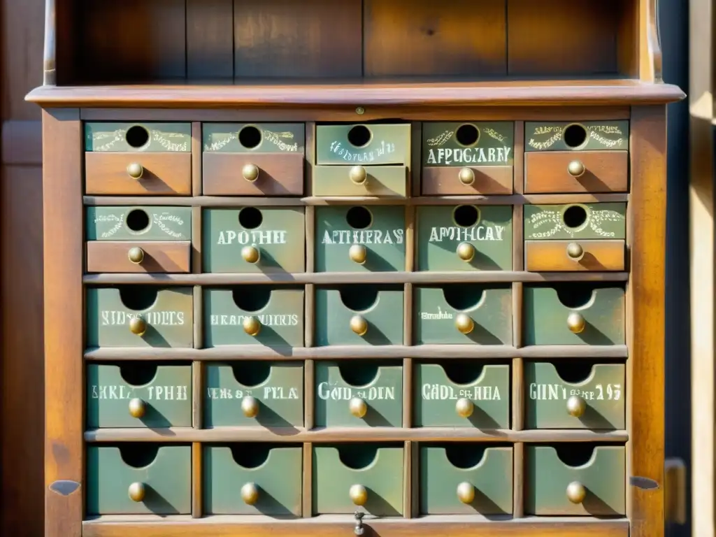 Antiguo gabinete de farmacia de madera con botellas de vidrio y hierbas secas, evocando la medicina tradicional y la conexión con la naturaleza