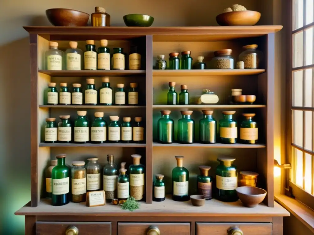 Antiguo gabinete de botica lleno de hierbas y medicamentos en frascos de vidrio