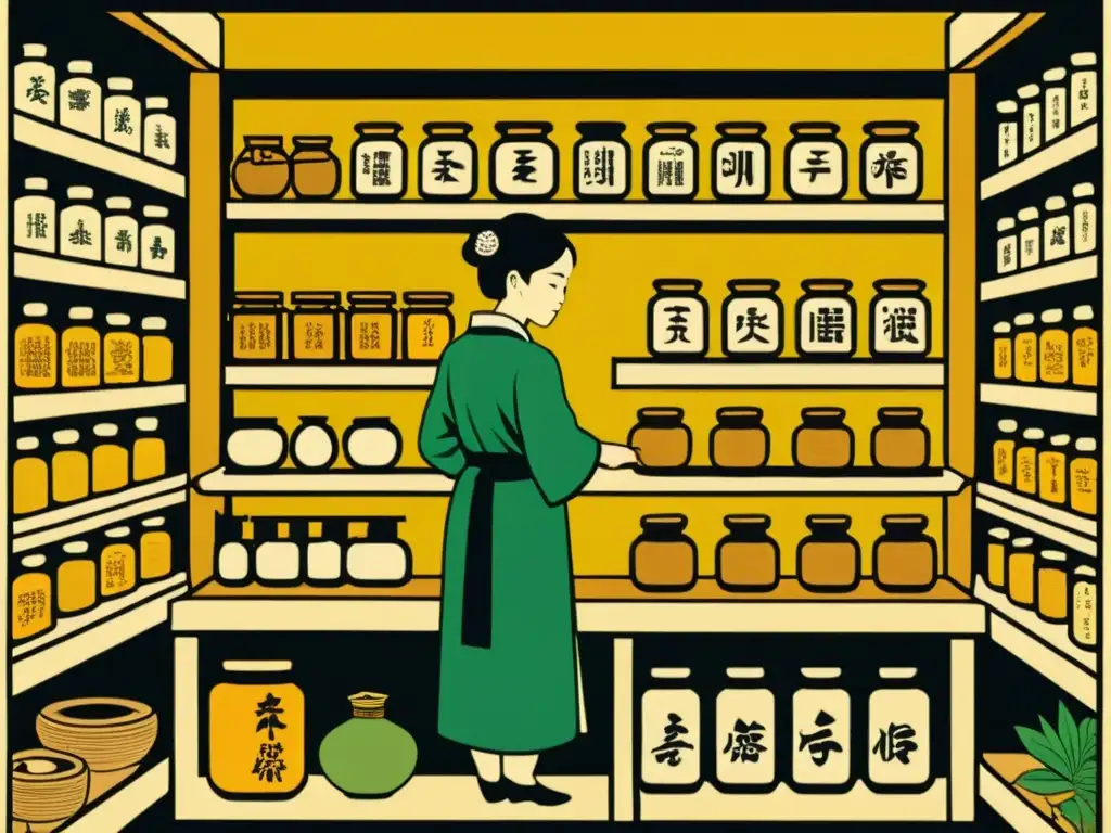 Un antiguo grabado en madera detalla una farmacia japonesa Kampo, con estantes llenos de hierbas y un herbolario preparando una medicina con precisión