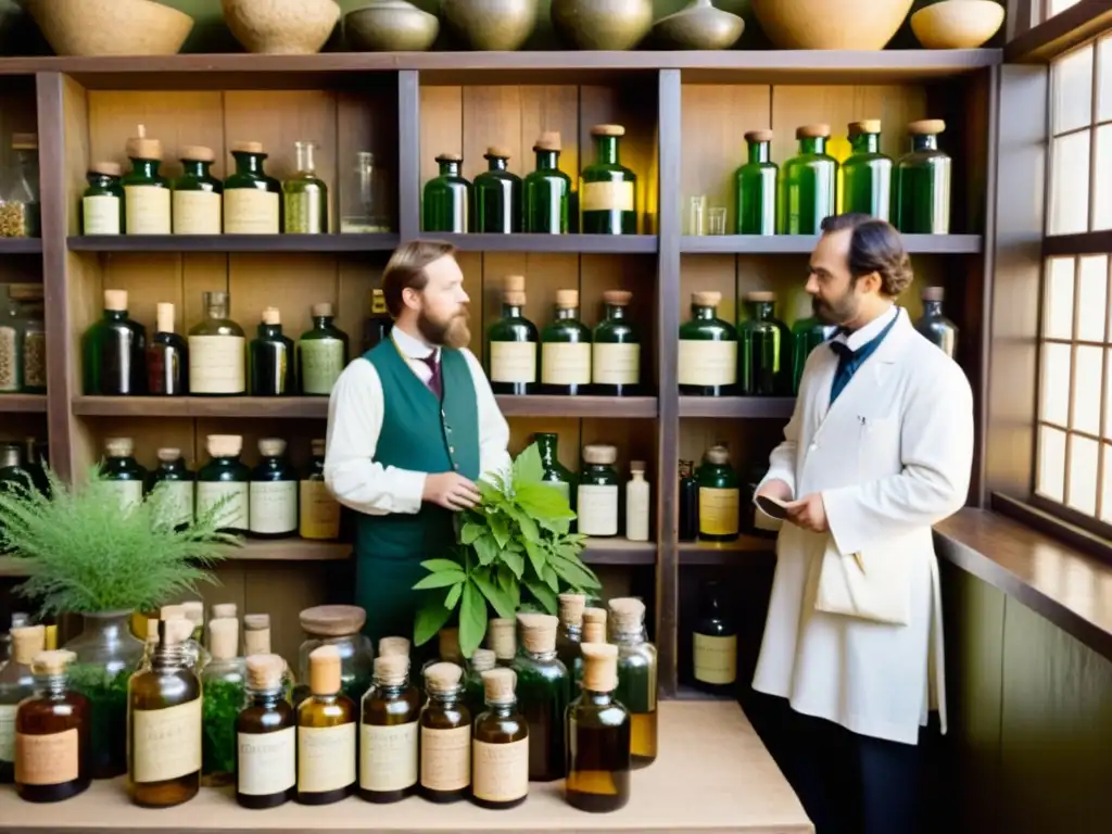 Un antiguo grupo de médicos naturistas del siglo XIX examinando hierbas y notas en una farmacia de medicina herbal