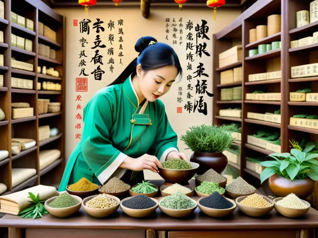 Un antiguo herbolario chino selecciona hierbas medicinales tradicionales en su tienda, rodeado de pergaminos antiguos y utensilios de preparación, evocando la sabiduría de la Medicina Tradicional China y el texto clásico Huangdi Neijing