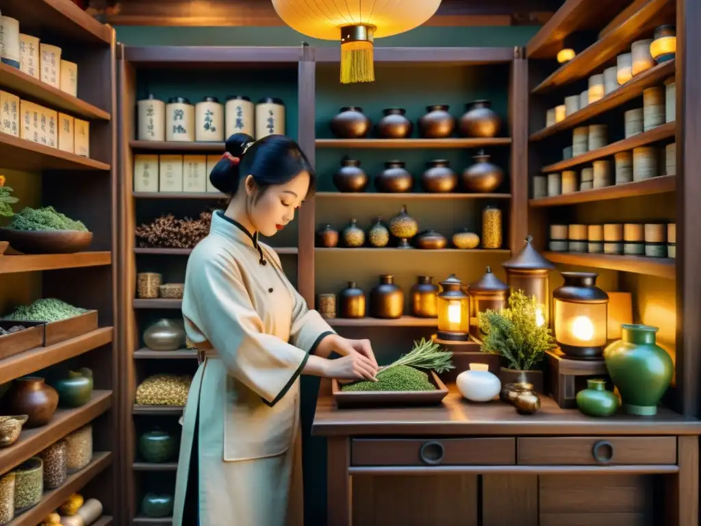 Antiguo apotecario chino: sabiduría y tradición herbal Un antiguo herbolario chino iluminado por linternas, rebosante de hierbas y ingredientes botánicos