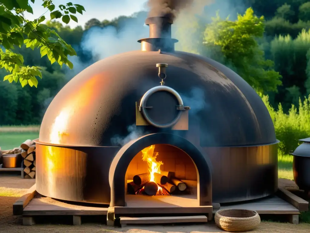 Un antiguo horno de carbonización de madera rodeado de exuberante vegetación, evocando técnicas tradicionales para preservar la medicina natural