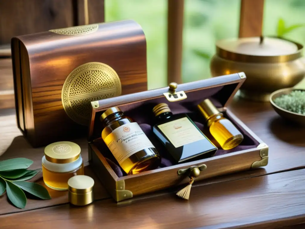 Un antiguo kit de viaje Ayurveda con aceites aromáticos, hierbas y accesorios artesanales