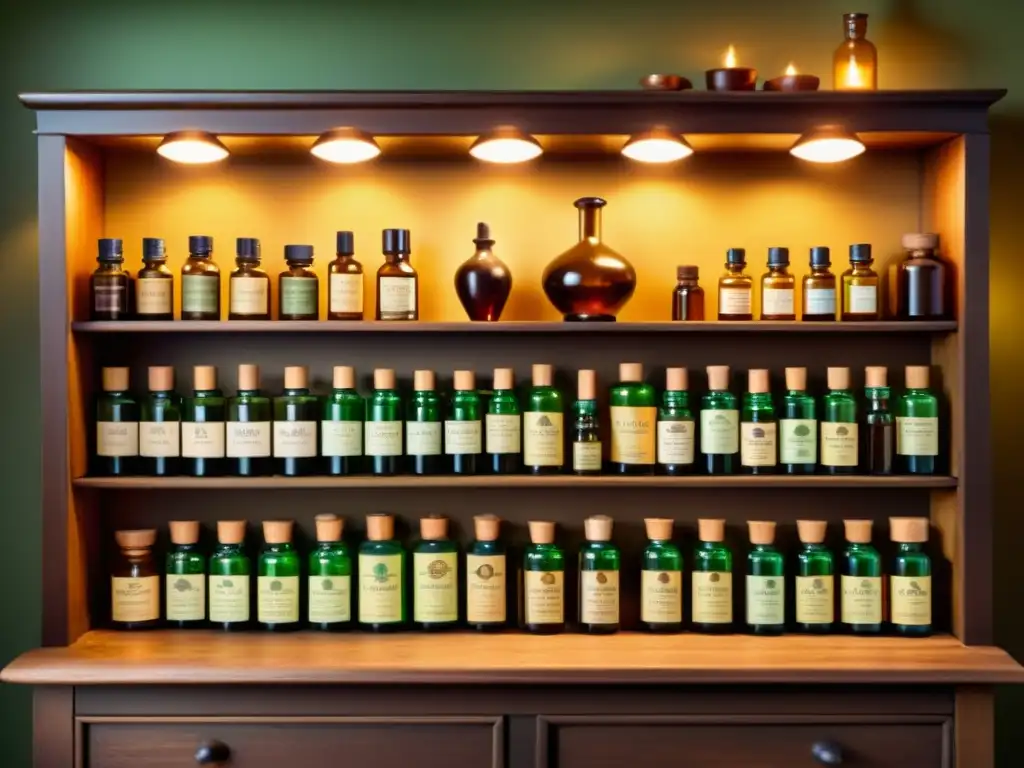 Un antiguo laboratorio de hierbas con estantes llenos de botellas de aceites esenciales y un alquimista creando remedios