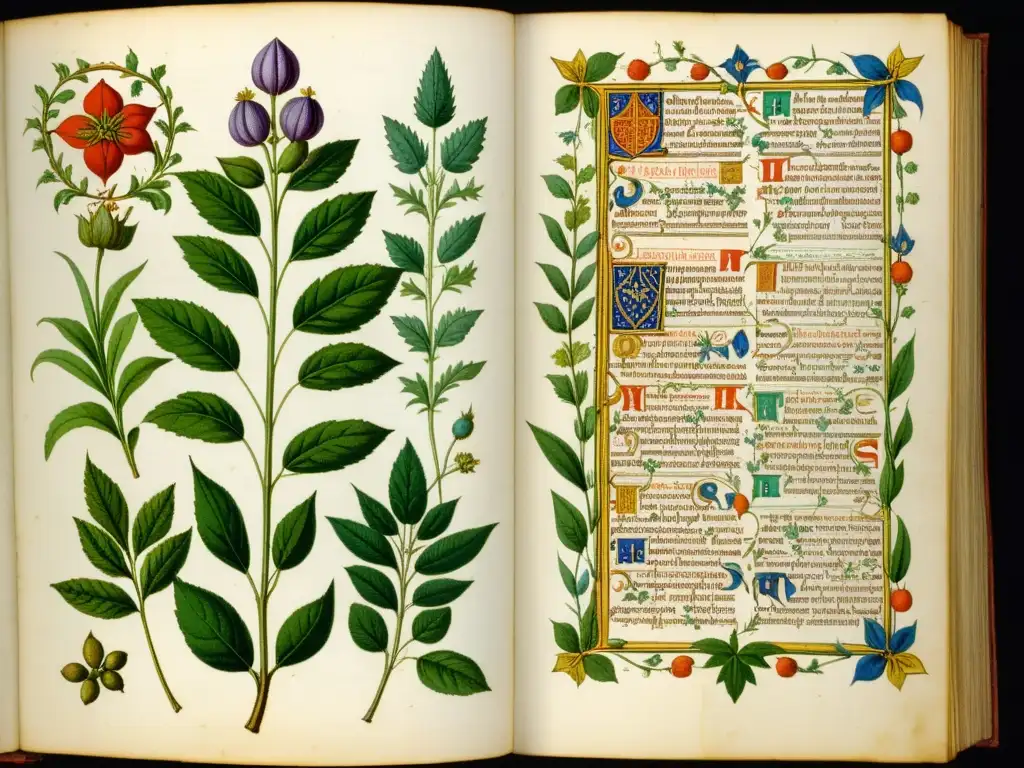 Un antiguo manuscrito ilustrado con detalladas hierbas medicinales de la Europa medieval, evocando la sabiduría ancestral de la medicina herbal