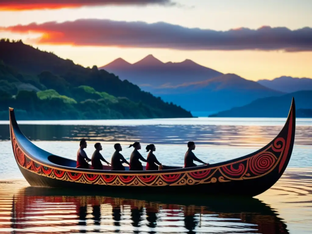 Un antiguo waka maorí tallado con diseños tribales, flotando en el lago Taupo al atardecer