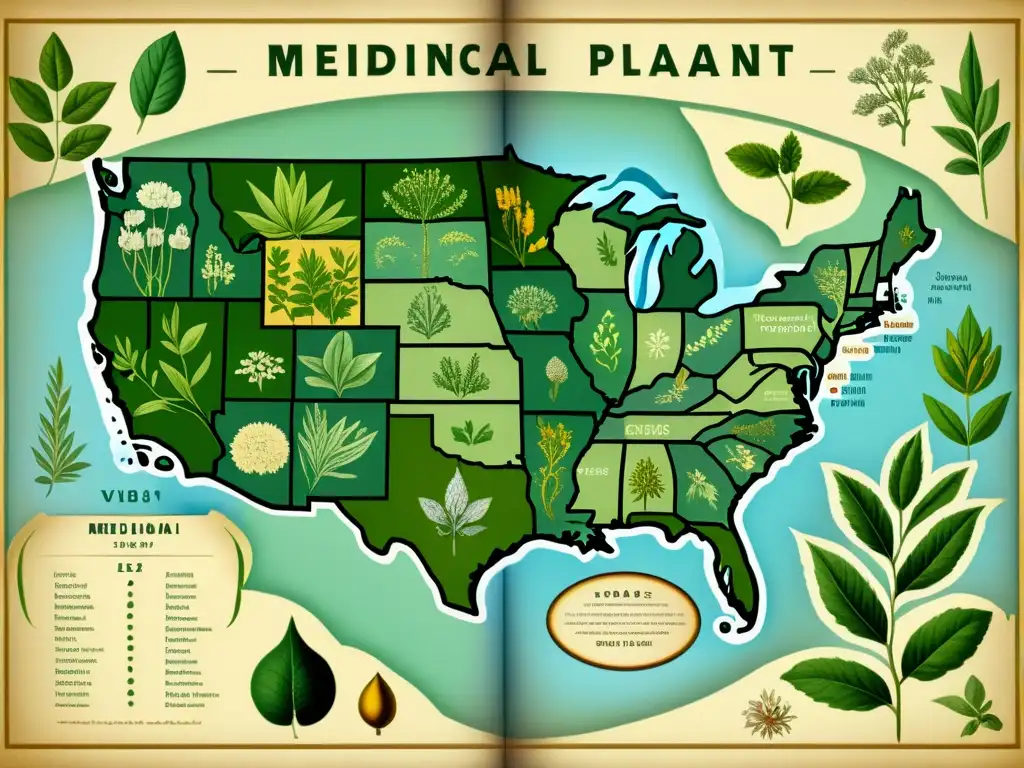 Un antiguo mapa ilustrado con plantas medicinales y su geolocalización en diferentes regiones