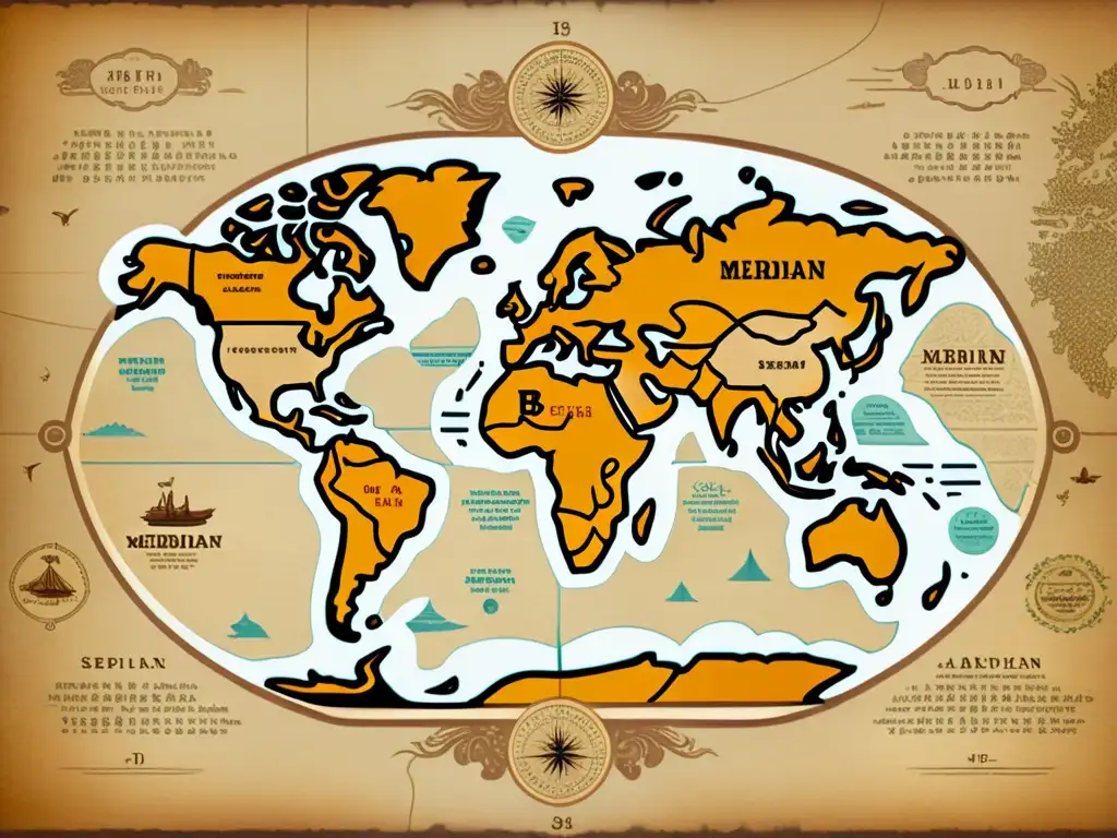 Mapa de meridianos de acupuntura: sabiduría ancestral y arte Un antiguo mapa de meridianos en acupuntura con ilustraciones detalladas de criaturas míticas y elementos botánicos, en tonos sepia desgastados
