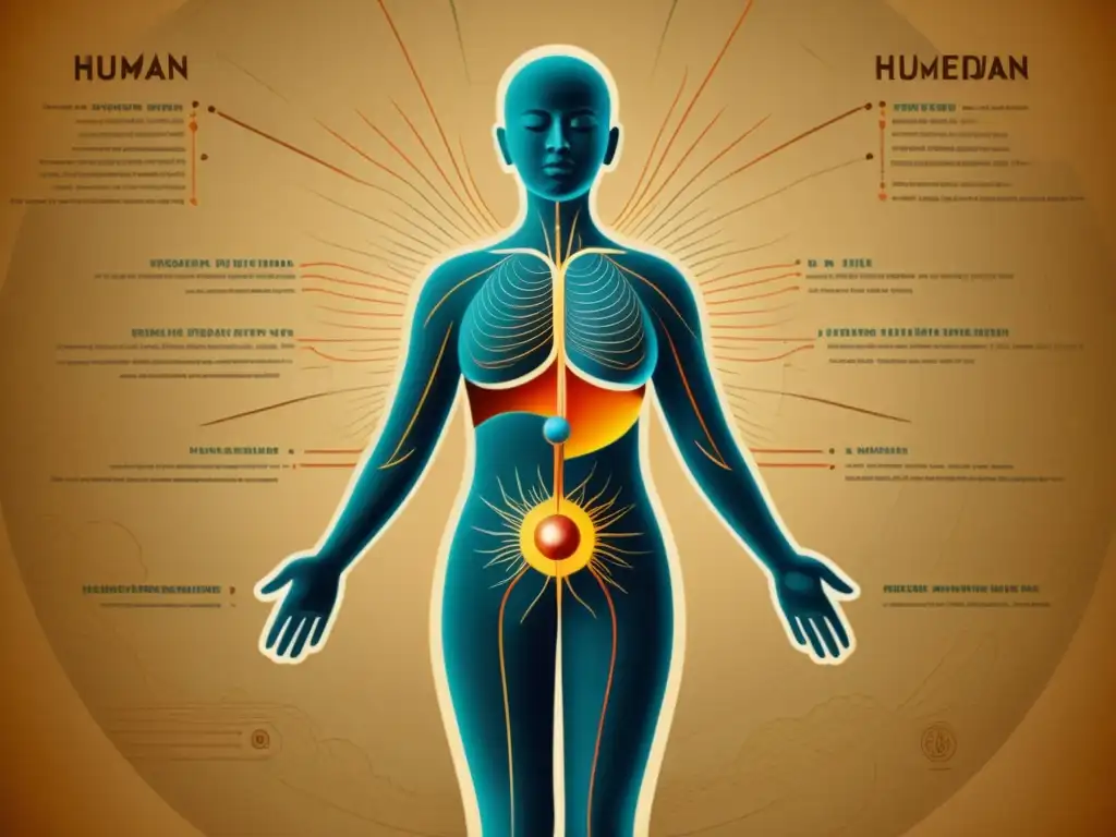 Ilusión vintage del cuerpo humano: puntos de acupuntura en detalle Un antiguo mapa de meridianos en acupuntura, detallado y vibrante, evocando sabiduría ancestral y prácticas holísticas
