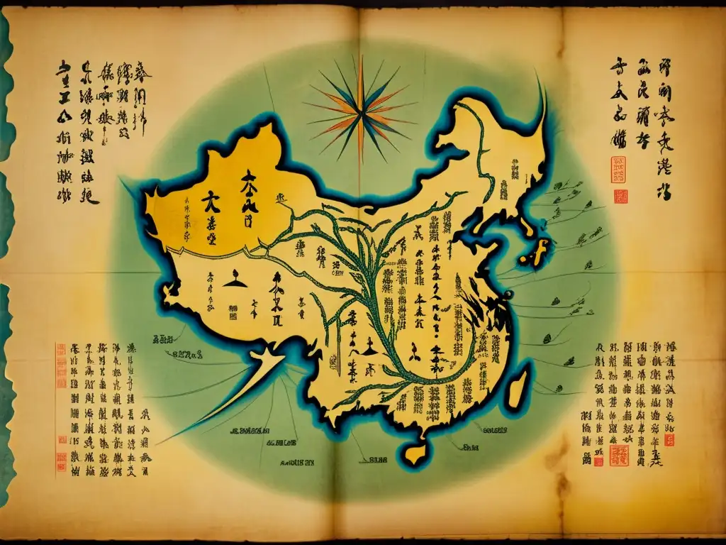 Mapa ancestral de meridianos en medicina china tradicional Un antiguo mapa de meridianos en acupuntura, con intrincada caligrafía y puntos de energía ilustrados en estilo vintage