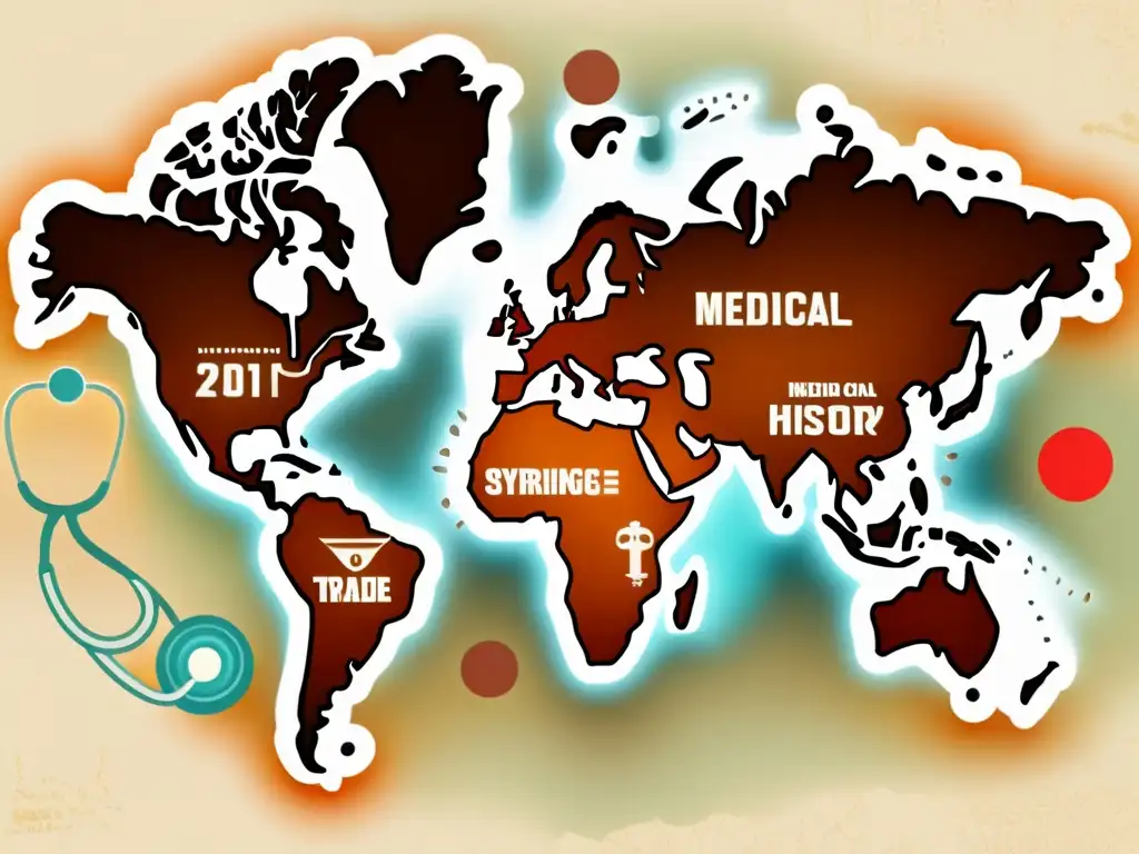 Un antiguo mapa mundial con líneas de comercio y símbolos médicos en tonos cálidos y vibrantes evoca la interconexión global