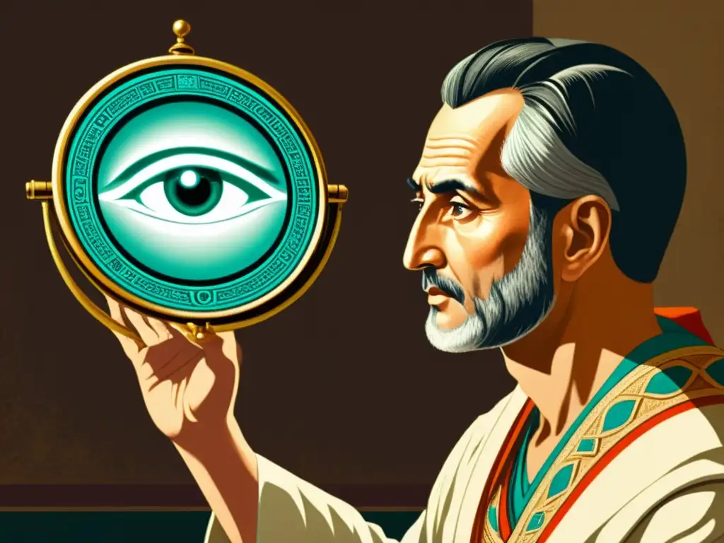 Un antiguo médico examina con un espejo los ojos del paciente, destacando la importancia de los equipos de visión en medicina antigua