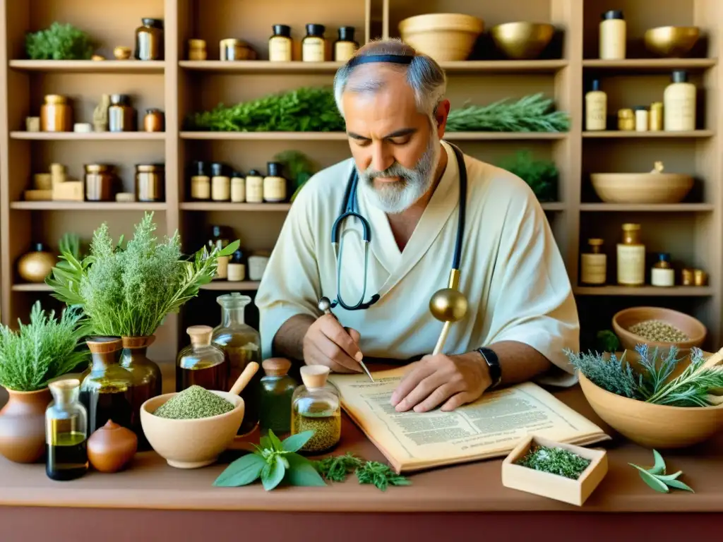 Un antiguo médico griego rodeado de hierbas medicinales, exudando sabiduría