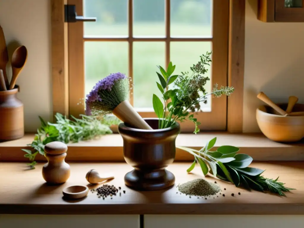 Antiguo mortero y mano de madera rodeados de hierbas y flores secas, bañados en cálida luz natural en una cocina rústica