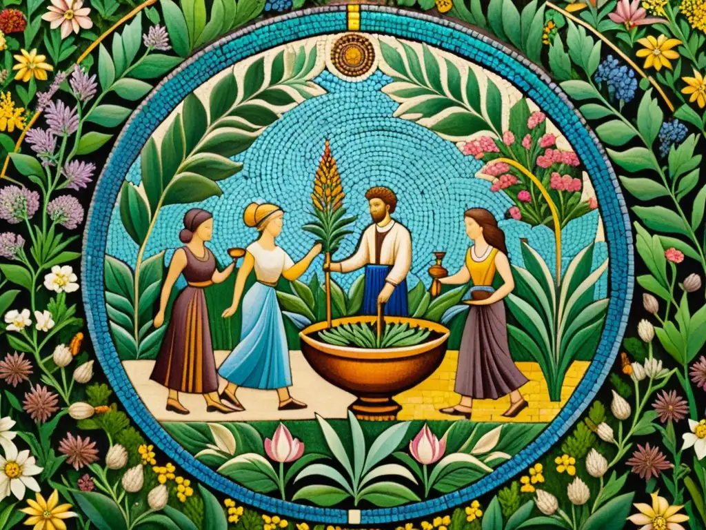 Un antiguo mosaico de personas en un jardín exuberante, destilando aceites esenciales