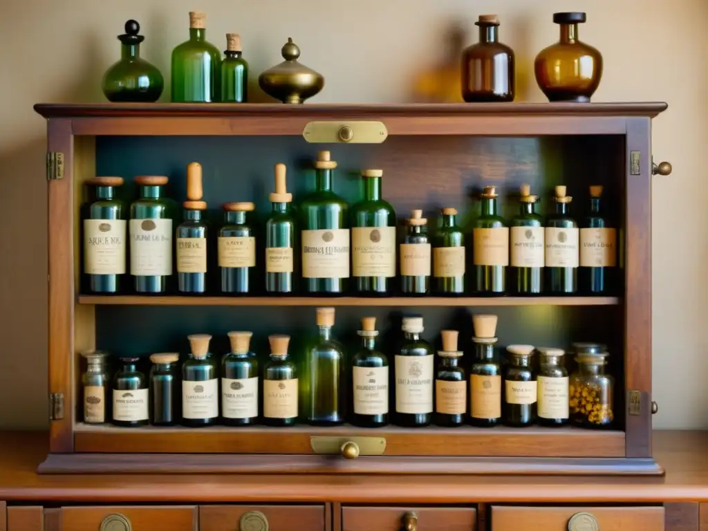 Antiguo mueble de boticario con frascos de cristal y etiquetas manuscritas, evocando la belleza atemporal de la cosmética natural y la medicina tradicional