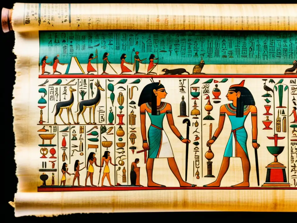 Antiguo papiro egipcio detallado con hieroglíficos e ilustraciones de secretos medicina egipcia antigua, mostrando sabiduría ancestral