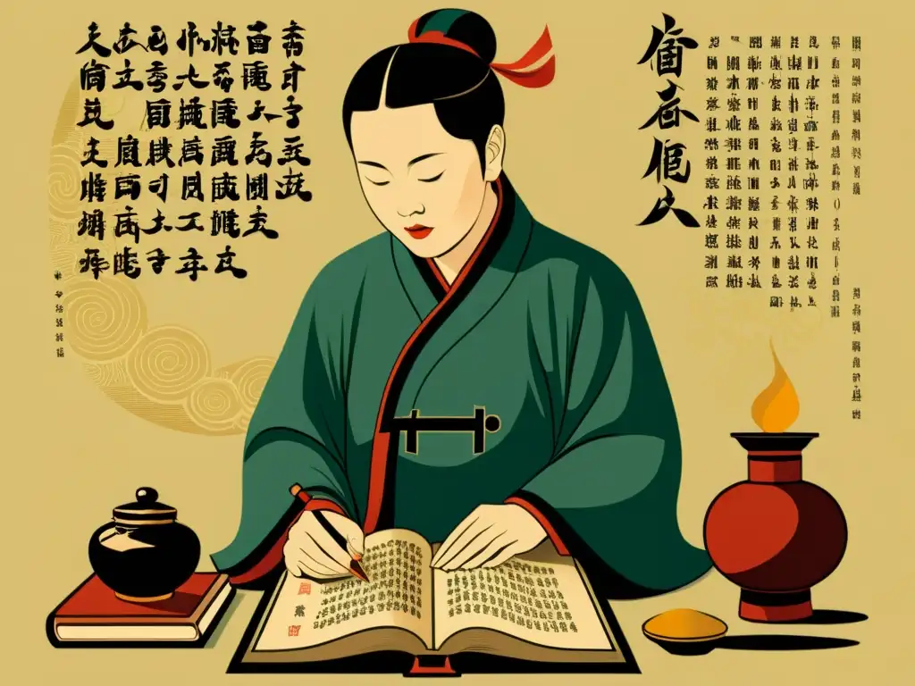 Un antiguo practicante de medicina china consulta el libro del I Ching en un entorno apotecario, evocando historia y tradición en la interpretación del I Ching en medicina