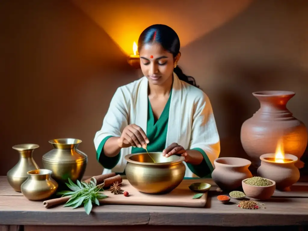 Un antiguo practicante de Ayurveda prepara una poción herbal para un atleta