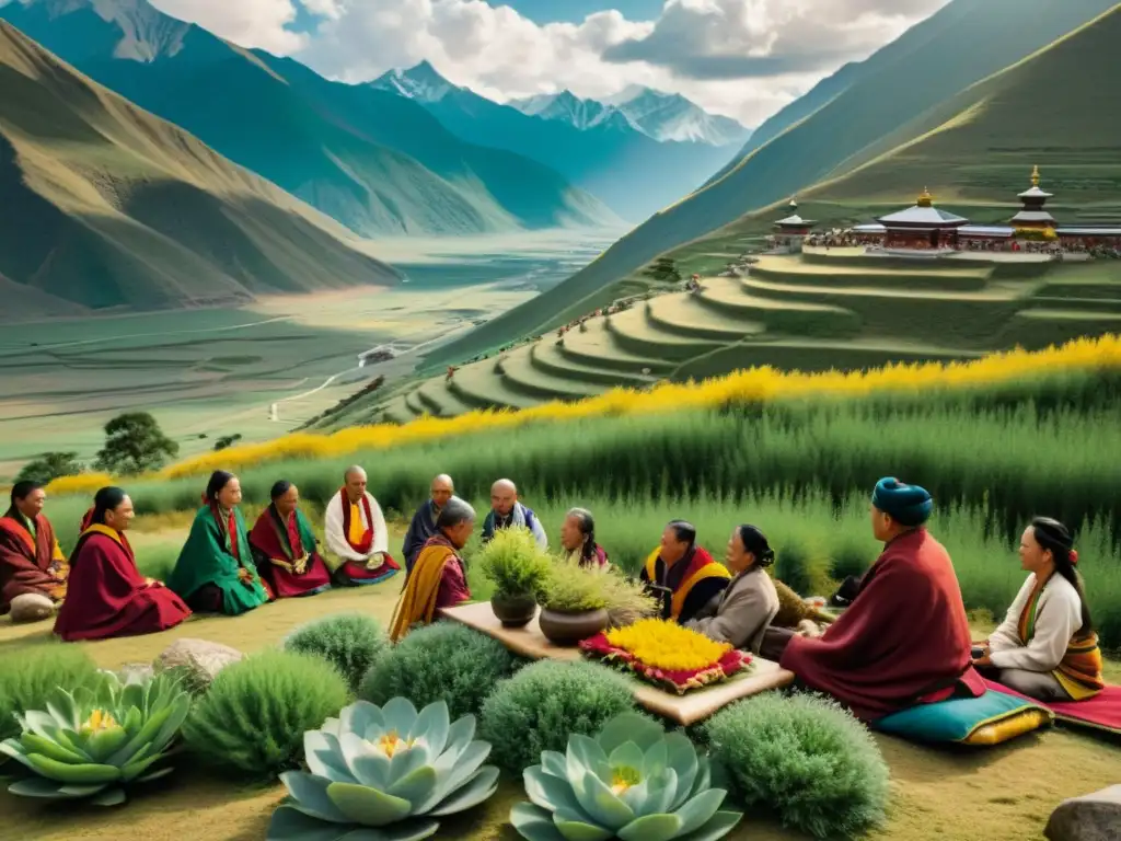 Un antiguo ritual de sanación tibetano en los Himalayas, con plantas medicinales y vestimenta tradicional