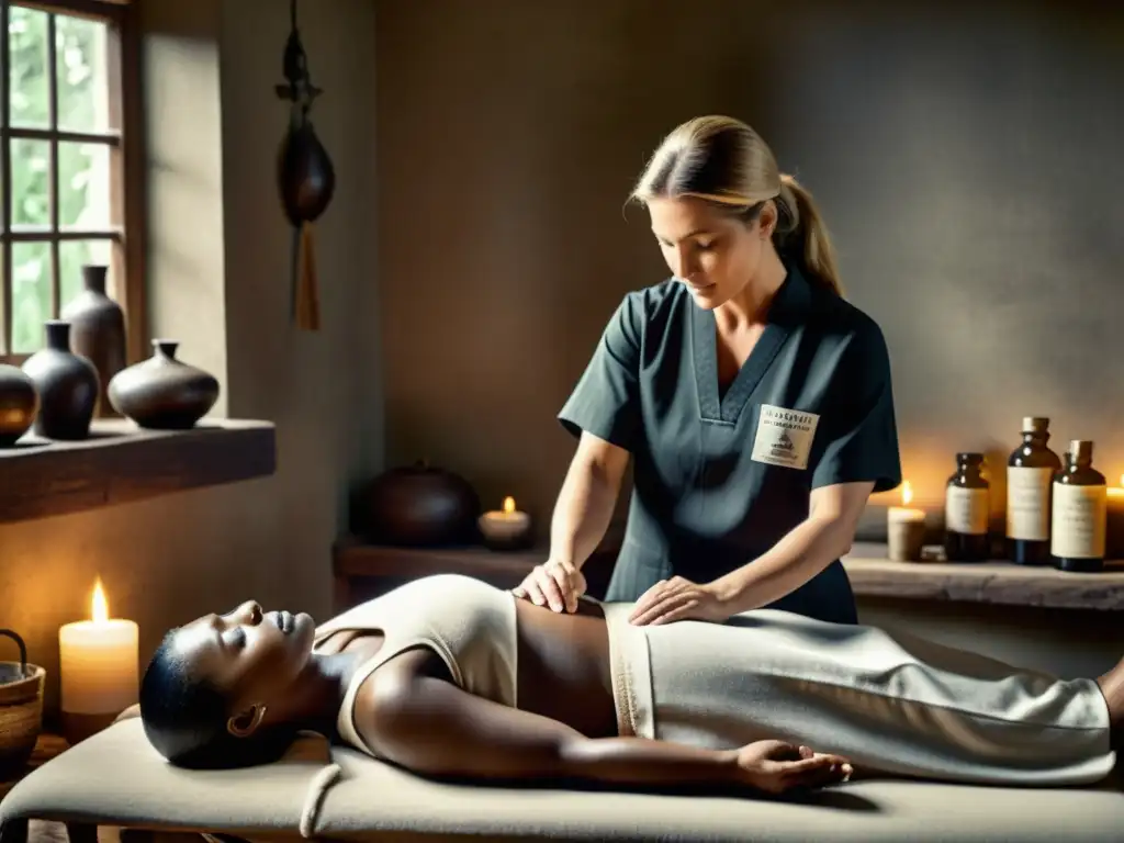 Terapia ancestral: la fusión de sabiduría y curación Un antiguo sanador realiza terapias físicas tradicionales medicina deportiva en un ambiente rústico iluminado con hierbas curativas