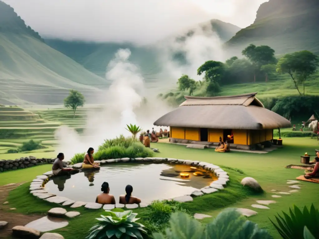 Un antiguo spa de sanación en un paisaje montañoso, con aguas termales naturales y curanderos realizando rituales con hierbas locales