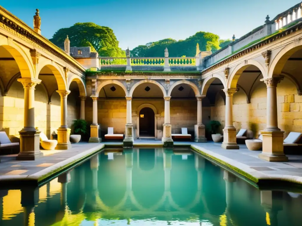 Antiguo spa romano de Bath con columnas y arcos detallados, bañistas en atuendo romano, medicina tradicional en spas antiguos