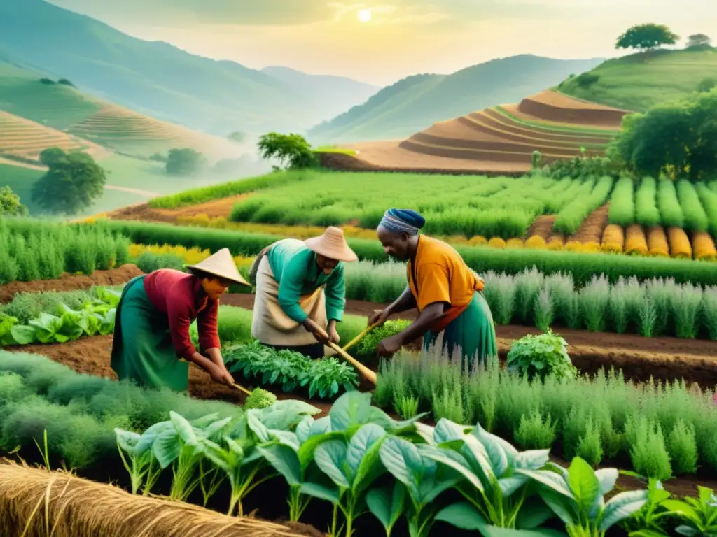 Antiguos agricultores cultivando hierbas en campos fértiles, con prácticas de medicina tradicional en un vibrante ilustración vintage