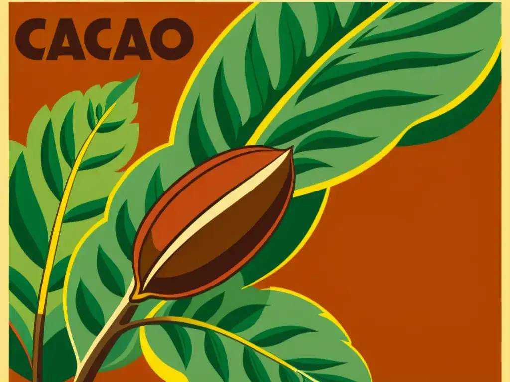 Un anuncio vintage de cacao muestra una plantación exuberante y trabajadores cosechando