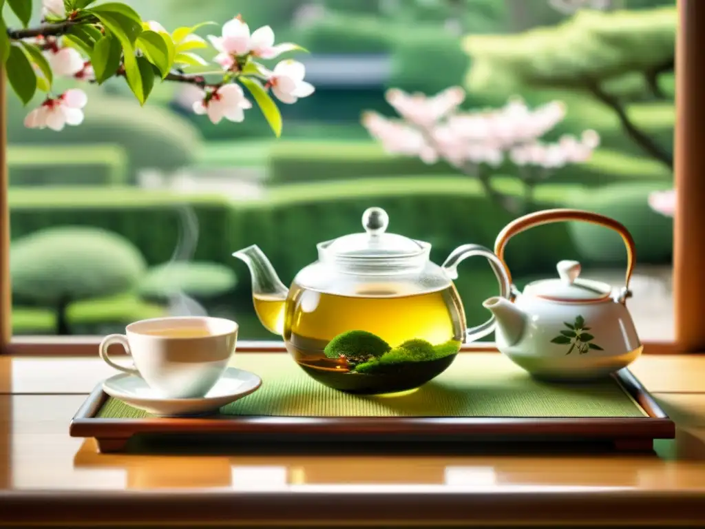 Anuncio vintage de té verde en jardín japonés con tetera y taza