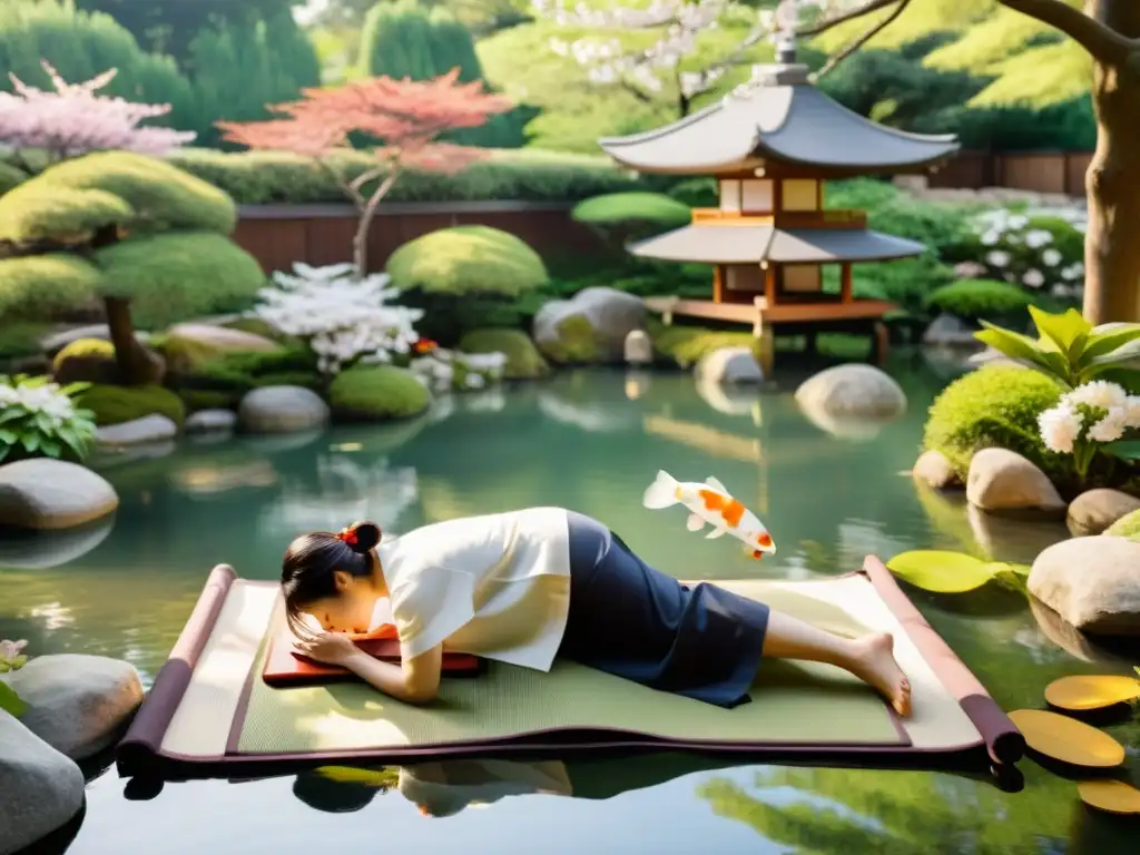 Jardín japonés con masaje shiatsu Un apacible jardín japonés con masaje shiatsu, rodeado de naturaleza, luz cálida y armonía