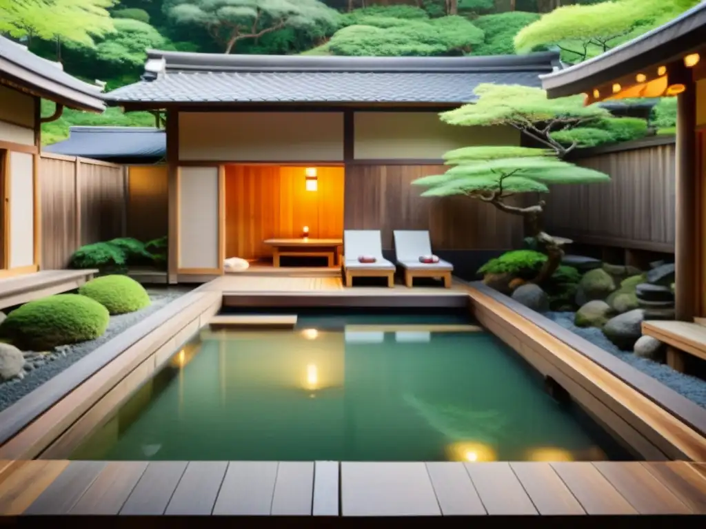 Un apacible onsen japonés rodeado de exuberante vegetación, evocando la serenidad y bienestar de los spas asiáticos