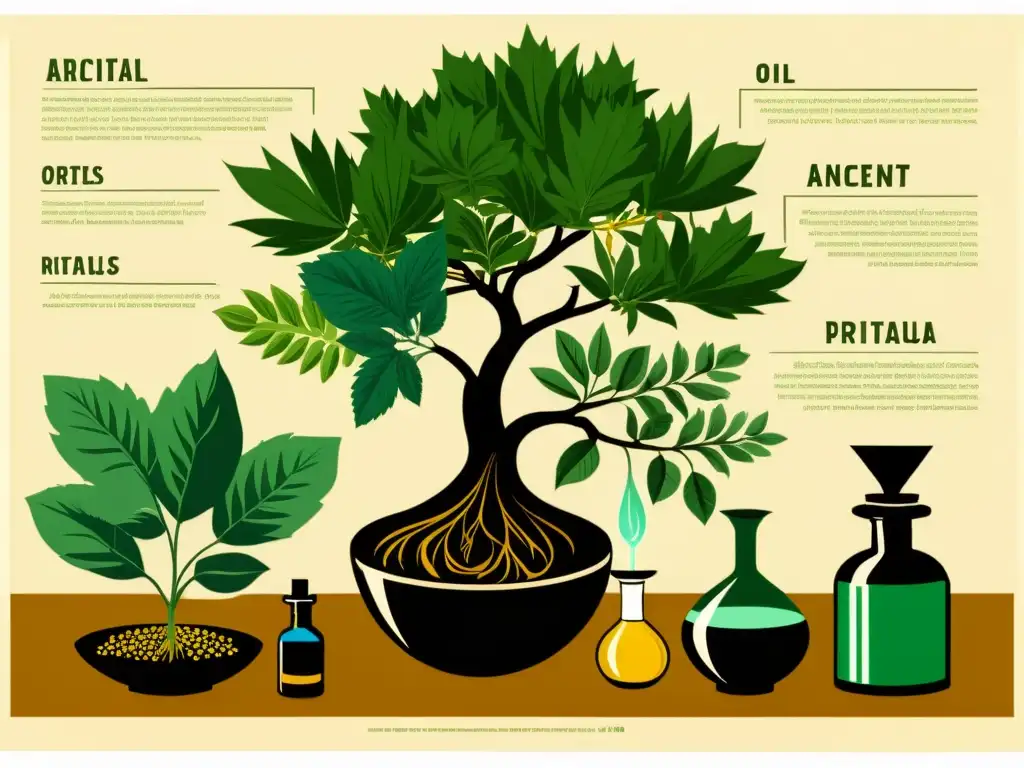 Aplicaciones históricas de aceites esenciales: Ilustración vintage de la extracción de aceites esenciales en antiguas civilizaciones