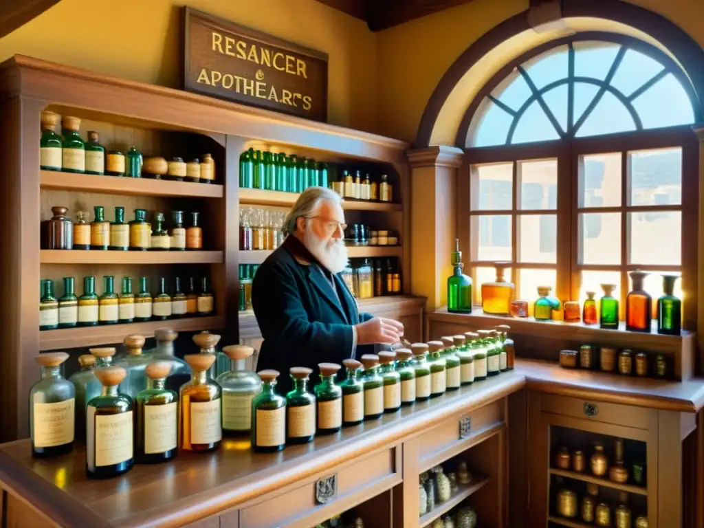 En una apotecaria renacentista, la atmósfera dorada ilumina estantes llenos de frascos de colores, mientras un farmacéutico ayuda a un cliente