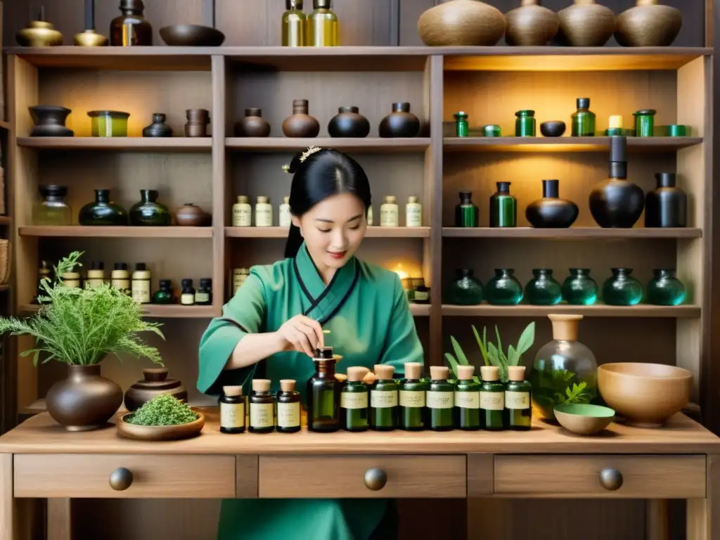 Un apotecario chino tradicional preparando aceites esenciales en un espacio iluminado por lámparas, evocando la medicina tradicional china