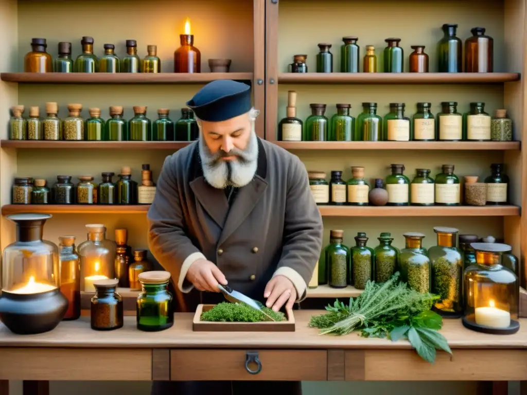 Un apotecario europeo antiguo midiendo ingredientes en una botica con estantes llenos de botellas de hierbas y remedios