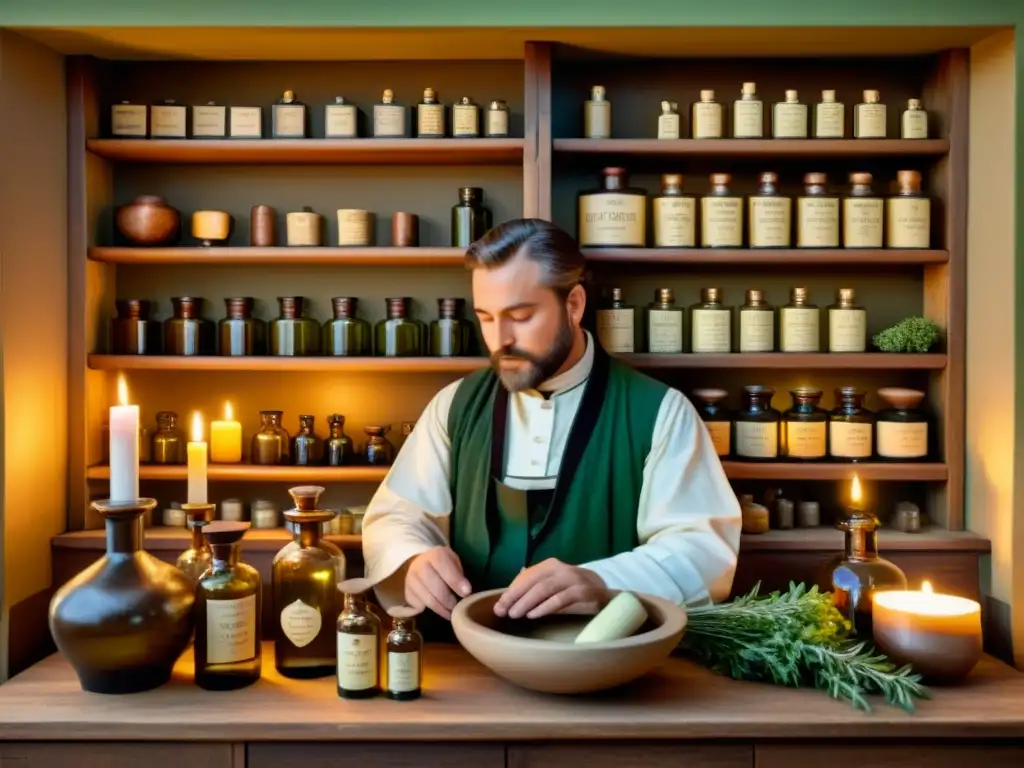 Apothecary clásico: curación tradicional en un ambiente histórico Un apotecario europeo clásico atiende a un paciente en un ambiente cálido y tradicional de medicina en Europa