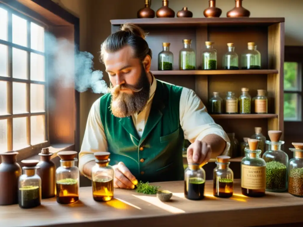Antiguo laboratorio de hierbas con alquimista concentrado El apotecario vierte cuidadosamente un líquido dorado en un frasco de vidrio