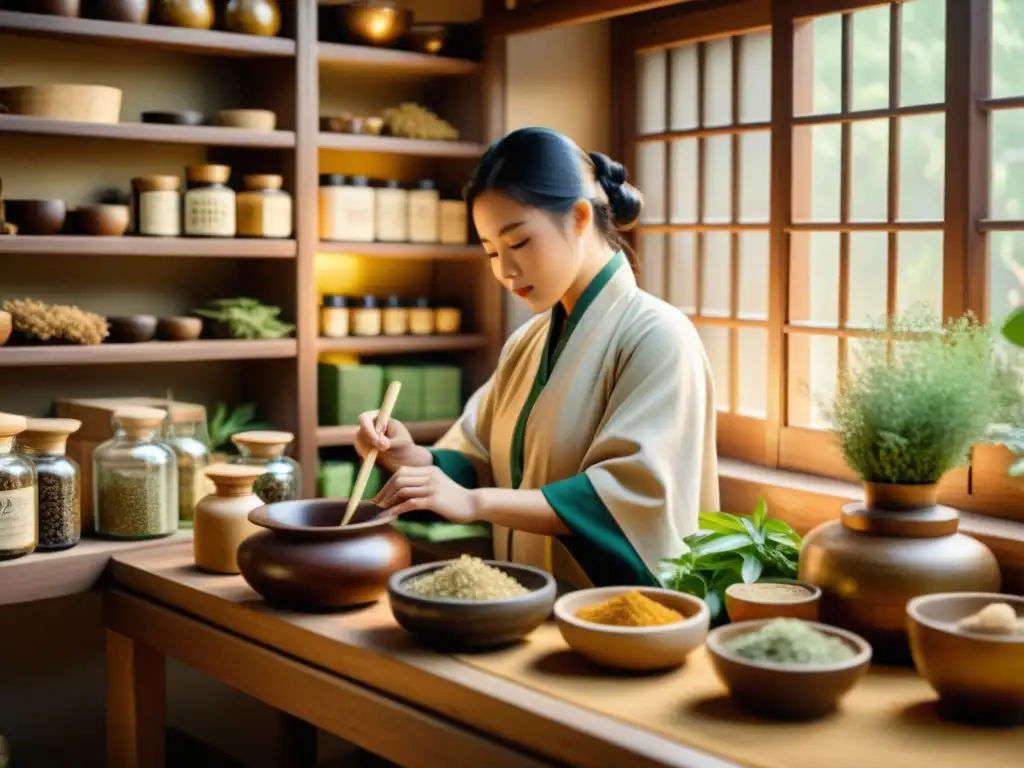 Un apotecario de medicina tradicional china prepara tratamientos de infertilidad en un ambiente cálido y acogedor, rodeado de hierbas y raíces