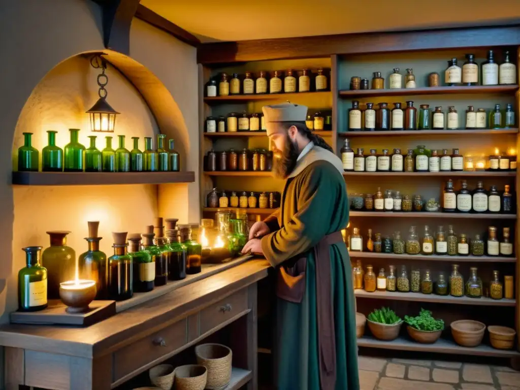 Un apotecario medieval con hierbas en botellas y clientes curiosos