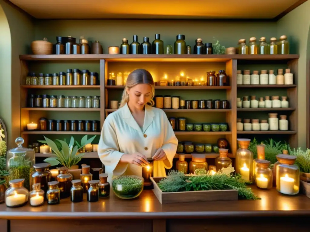 Un apotecario preparando tinturas rodeado de plantas medicinales en una tienda acogedora