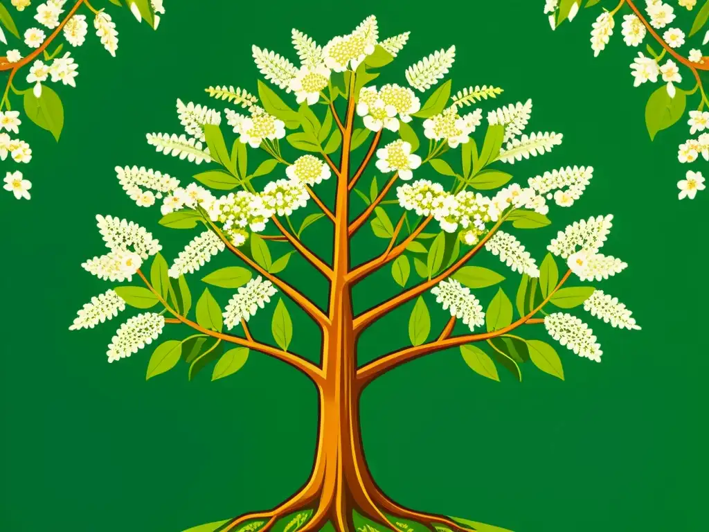 Una ilustración vintage del árbol de neem en plena floración, evocando su importancia en los usos medicinales del árbol Neem en la India